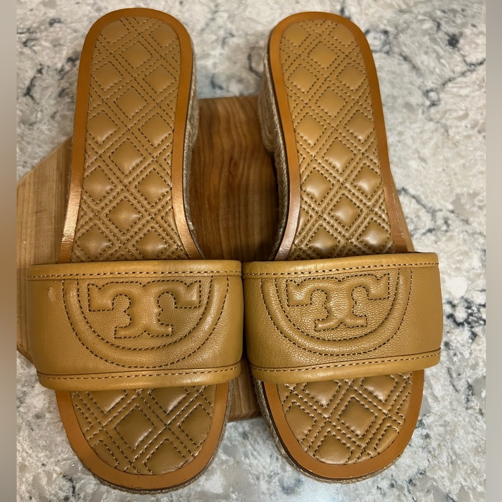 Tory Burch Fleming Brown Quilted Leather Espadrille Low Block Heel Slide Sz 7